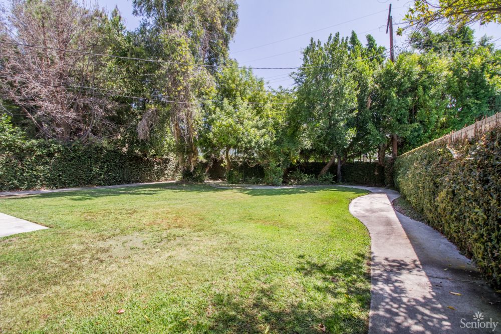 A serene view of a lush backyard with a well-maintained lawn and surrounding trees.