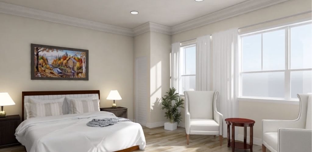 A cozy bedroom with a bed, lamp, and chair by a window.