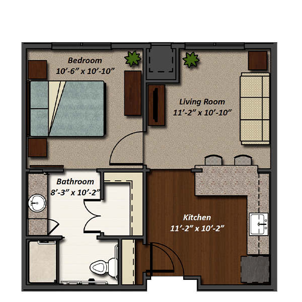 One-bedroom apartment layout with living room, kitchen, and bathroom.