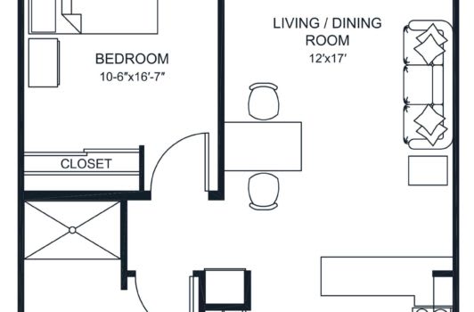A floor plan showing the layout of an apartment with a bedroom, living/dining room, and closet.