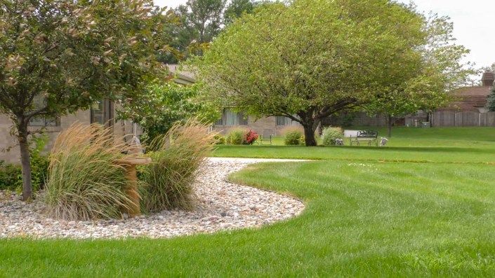 A beautifully landscaped garden featuring green grass, trees, and a curving stone path.