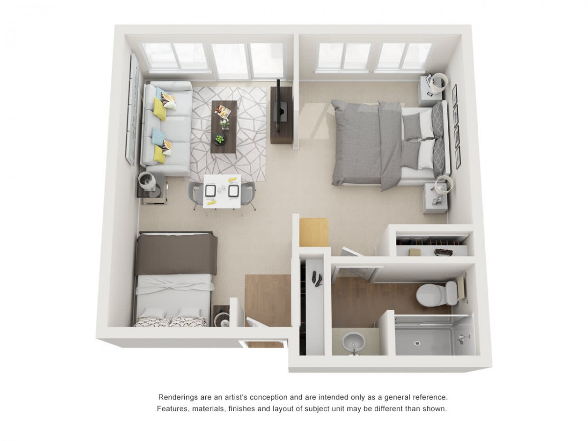 A 3D floor plan of a two-bedroom apartment featuring an open living and dining area, kitchen, and bathroom.