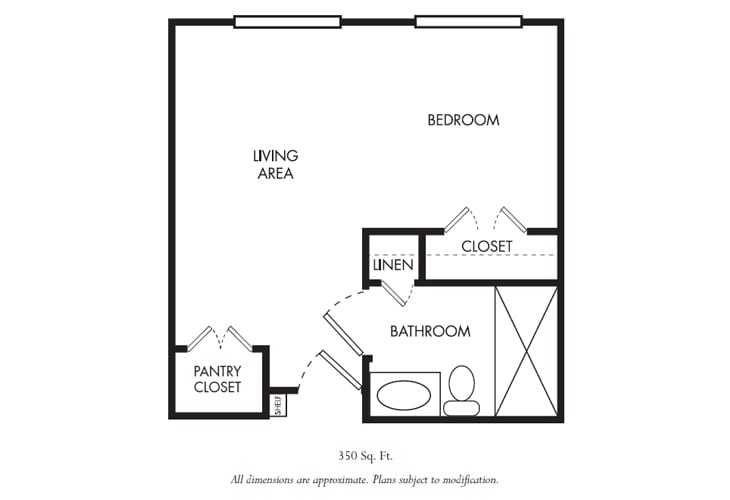 A floor plan of a one-bedroom apartment featuring a living area, bathroom, and closet space.