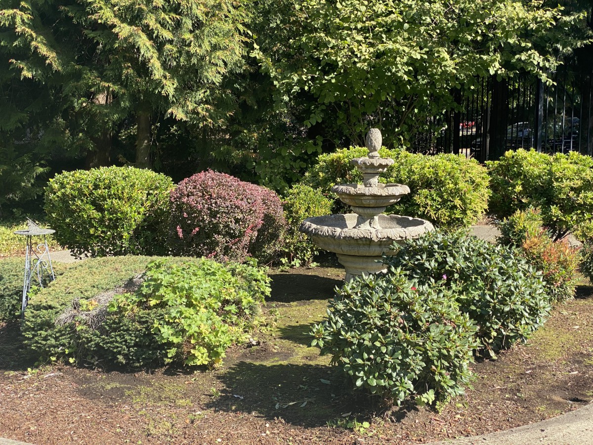 A serene garden scene featuring a decorative stone fountain surrounded by well-manicured bushes and greenery.