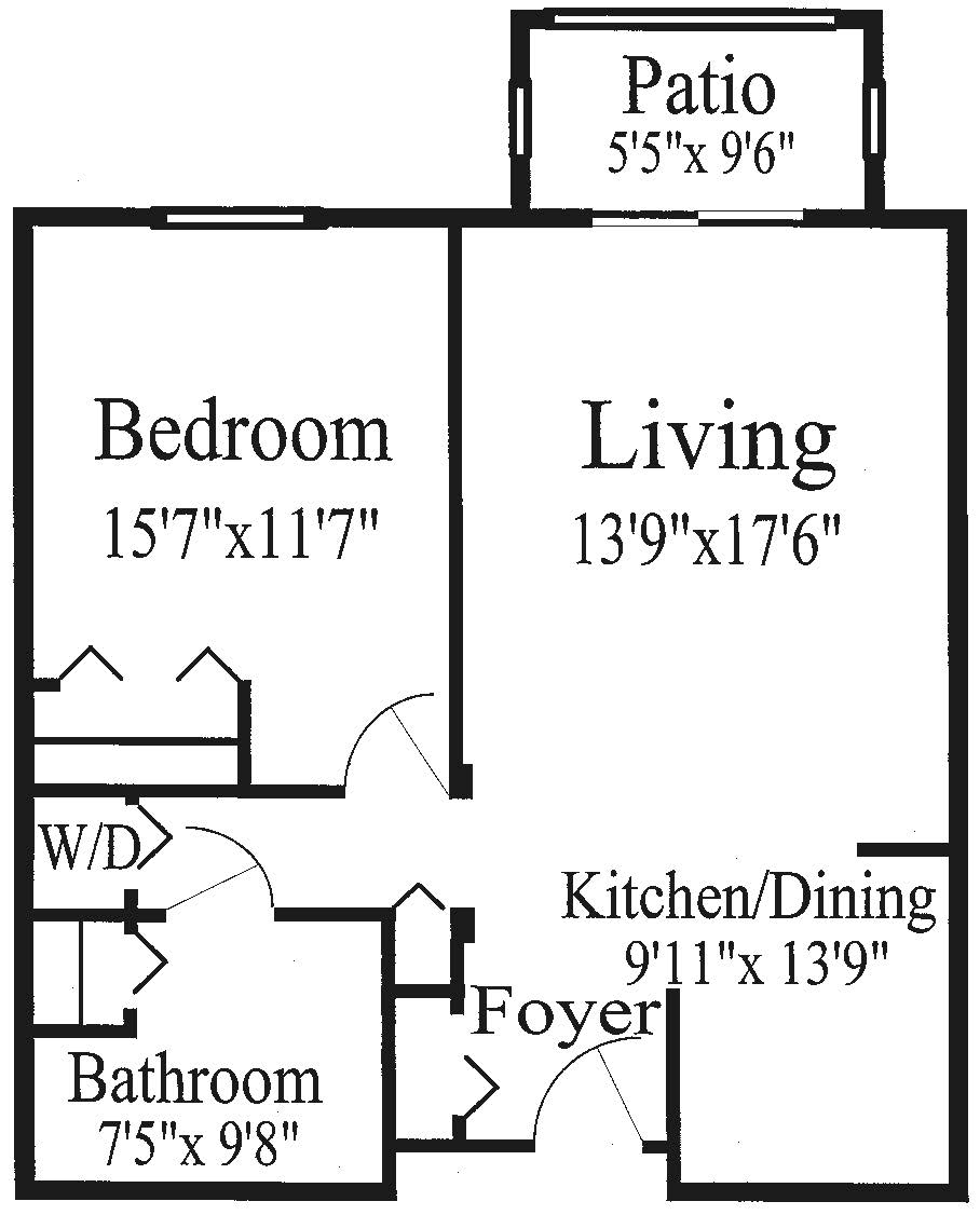A floor plan of a one-bedroom apartment featuring a living room, kitchen/dining area, bathroom, and foyer.