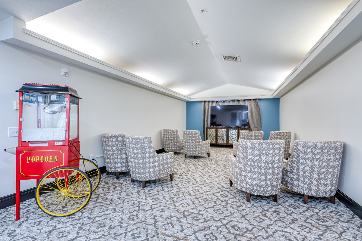 A cozy movie room with comfortable chairs, a large television, and a popcorn machine.