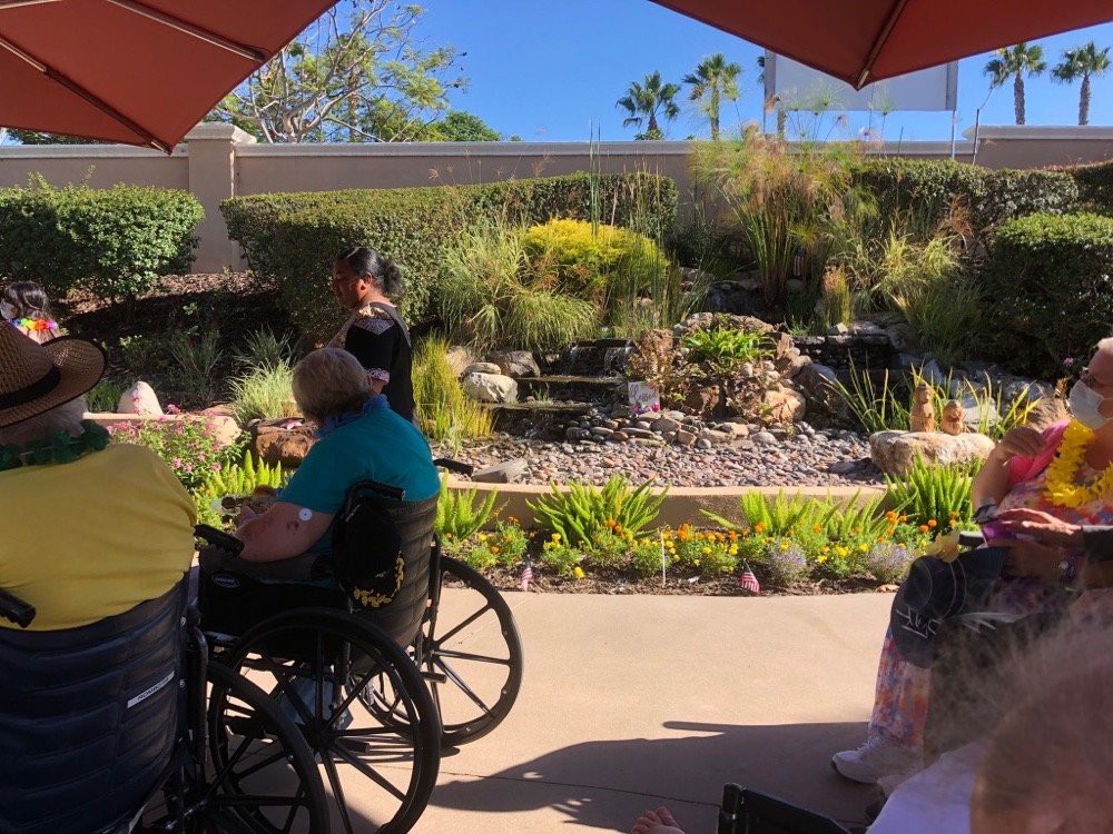 People enjoying a sunny day in a garden setting.