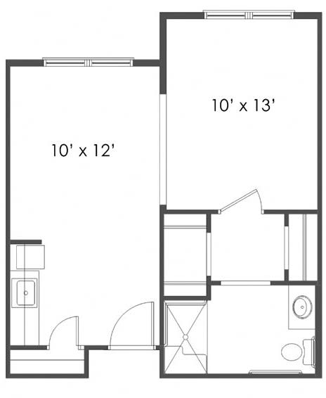 Blueprint of a two-room apartment with dimensions labeled as 10' x 12' and 10' x 13'.