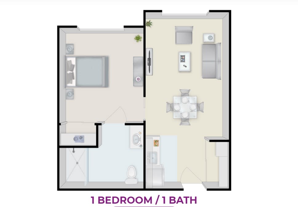 A floor plan of a one-bedroom, one-bathroom apartment featuring a living room, kitchen, and dining area.