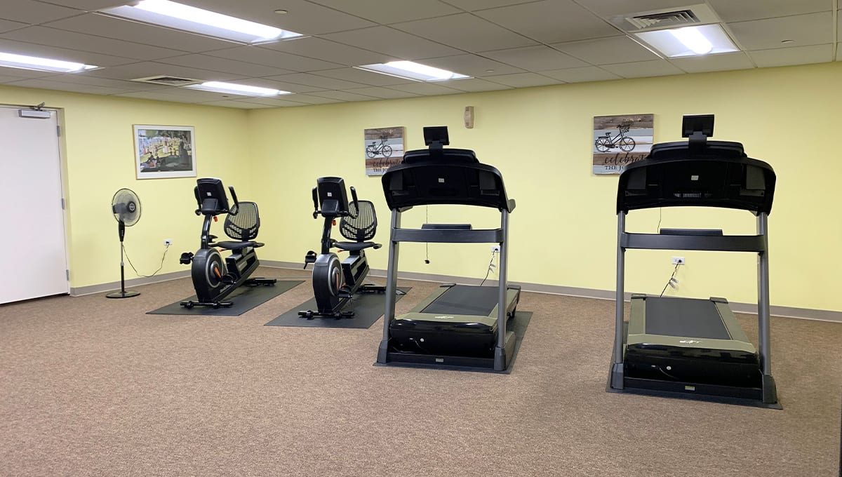 A fitness center with treadmills and stationary bikes set up for exercise.