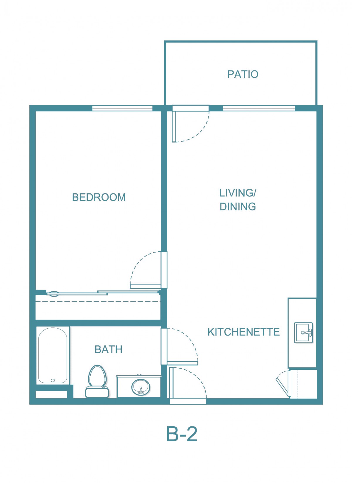 A simple floor plan of a one-bedroom apartment, featuring a living/dining area, kitchenette, bathroom, and patio.