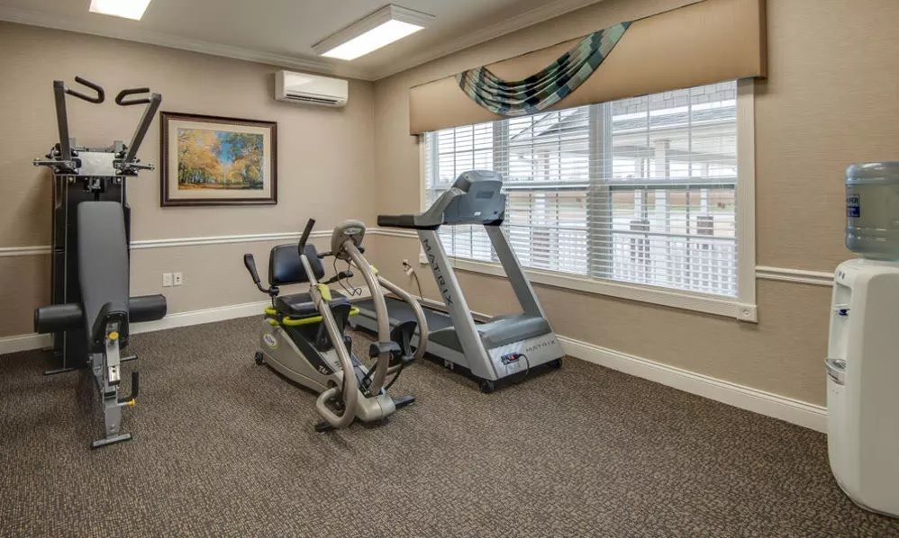 A small indoor gym with a treadmill and elliptical machine.