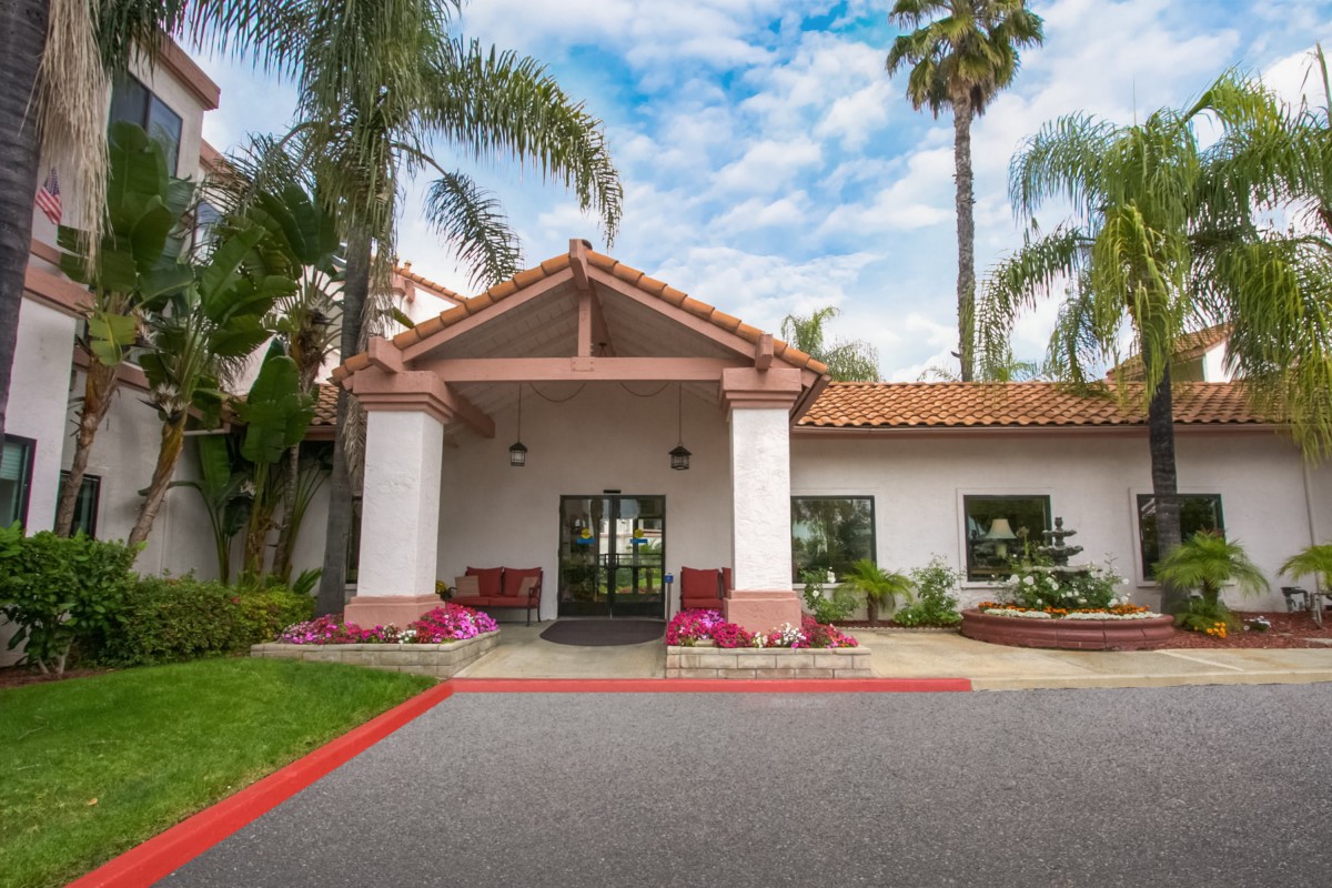 Entrance to a hotel surrounded by palm trees and well-maintained landscaping.