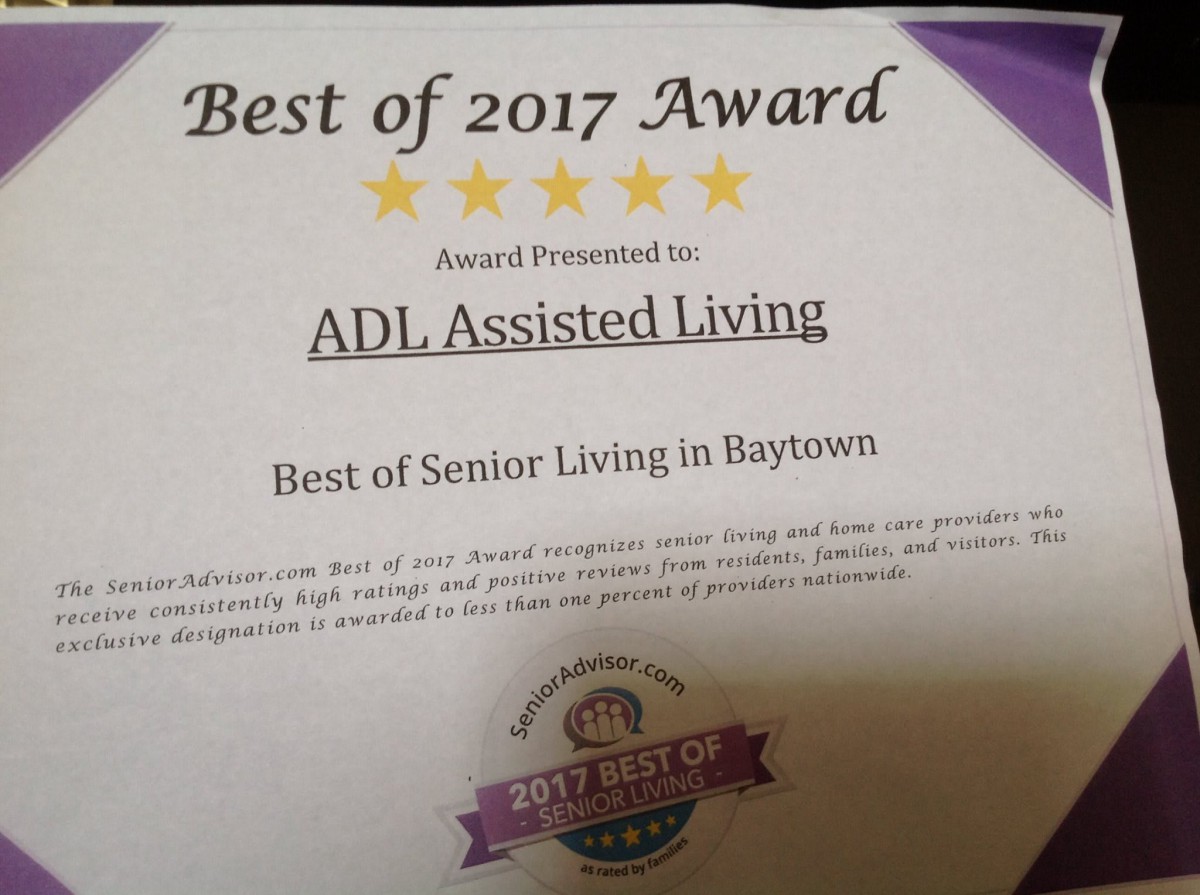 Best of 2017 Award presented to ADL Assisted Living for Best of Senior Living in Baytown.
