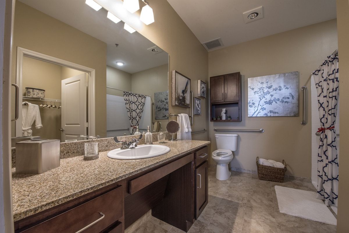 A modern bathroom with a granite countertop, stylish decor, and a well-lit mirror.
