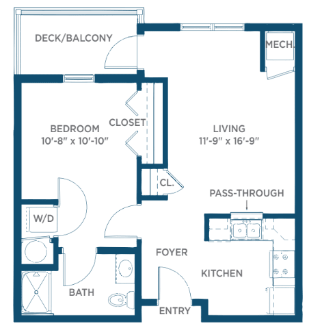 A floor plan of a one-bedroom apartment featuring a living room, kitchen, bathroom, and balcony.