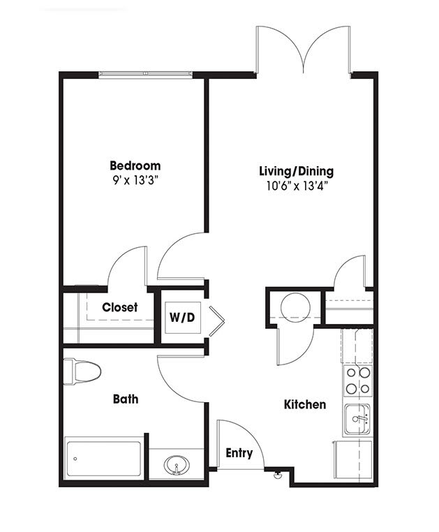 One-bedroom apartment floor plan with living area, kitchen, and bathroom.