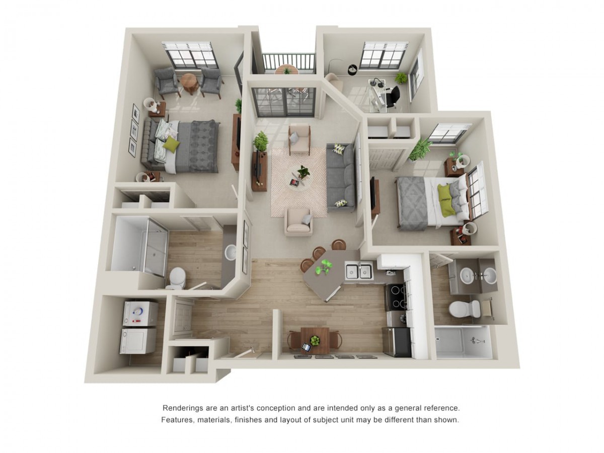 A 3D floor plan of a two-bedroom apartment featuring a living room, kitchen, and two bathrooms.