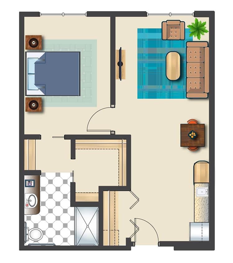 This image shows a one-bedroom apartment floor plan with designated areas for a living room, kitchen, bathroom, and bedroom.