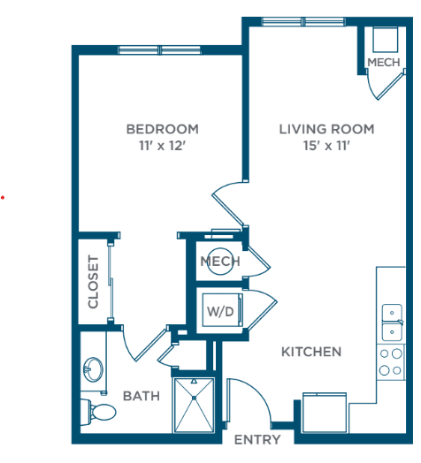 A floor plan of a one-bedroom apartment with a living room, kitchen, and bathroom.