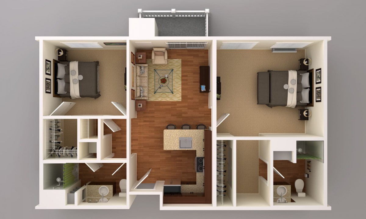 3D floor plan of a two-bedroom apartment featuring a central living area and kitchen.