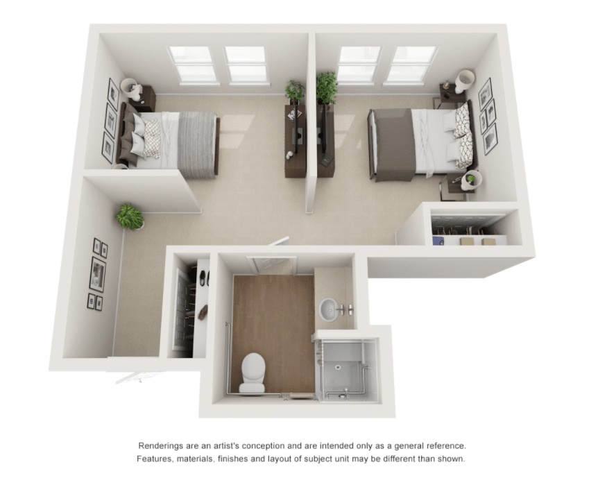 A 3D floor plan depicting a compact apartment layout with two bedrooms, shared bathroom, and common living area.