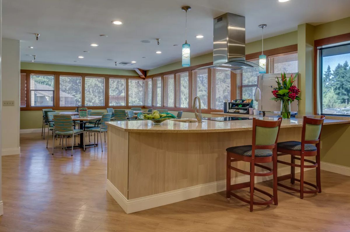 A modern kitchen interior featuring a large island counter with seating, pendant lighting, and expansive windows.
