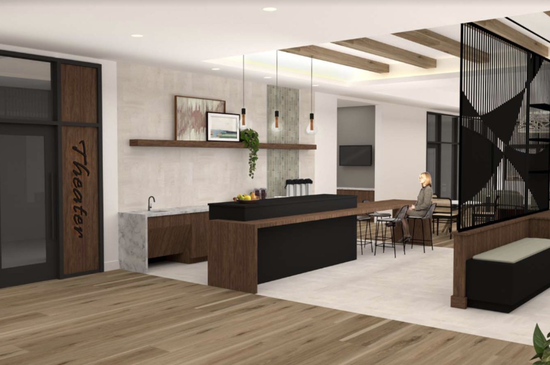 A modern kitchen with wood accents and an open dining area.