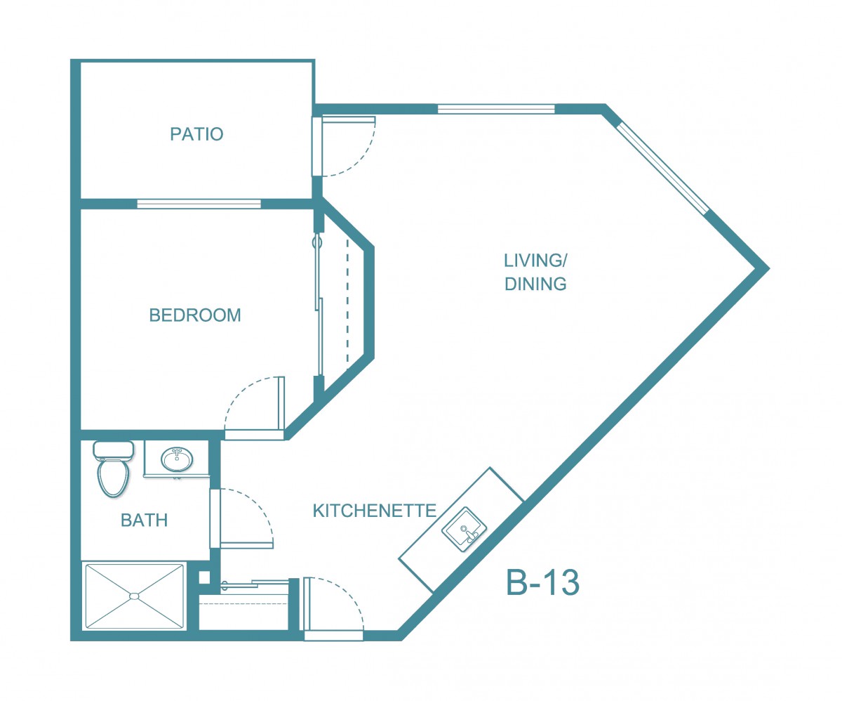 A simple floor plan of an apartment featuring a living area, bedroom, bathroom, kitchenette, and patio.