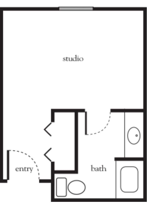 Studio apartment floor plan with entry, bath, and open living area.