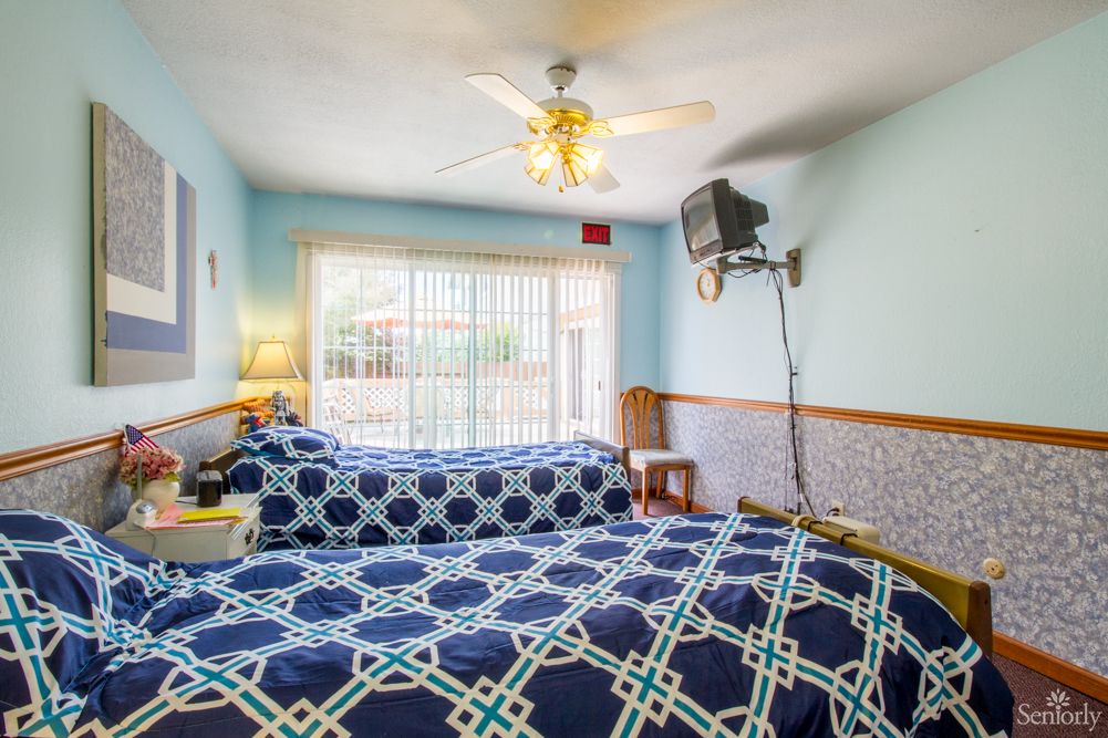 A cozy bedroom with twin beds, blue bedspreads, a ceiling fan, and natural light streaming through a large window.