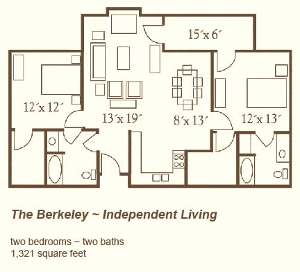 The Berkeley floor plan for independent living, featuring two bedrooms and two baths.