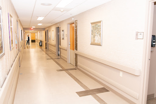 A well-lit hospital corridor with doors and art on the walls.