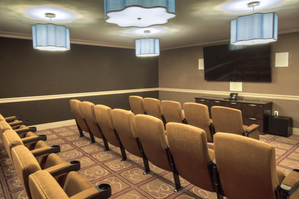 A small auditorium with rows of plush seating and a large screen at the front.