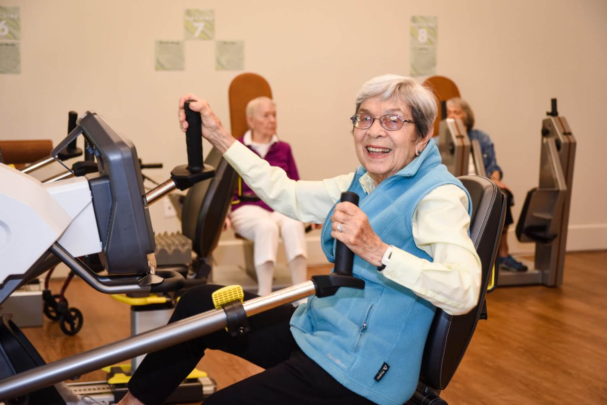 Elderly individuals engaging in a group exercise session indoors, showcasing active and healthy lifestyles.