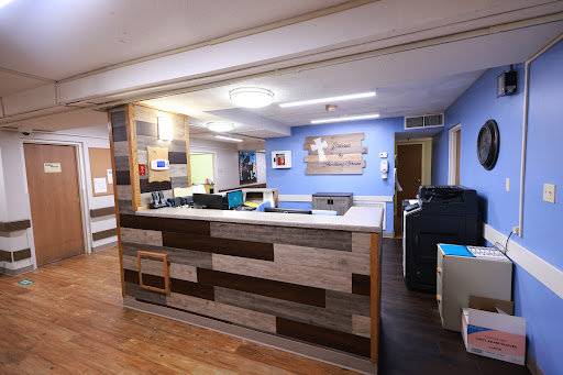 A modern reception area with a stylish design and workspace.