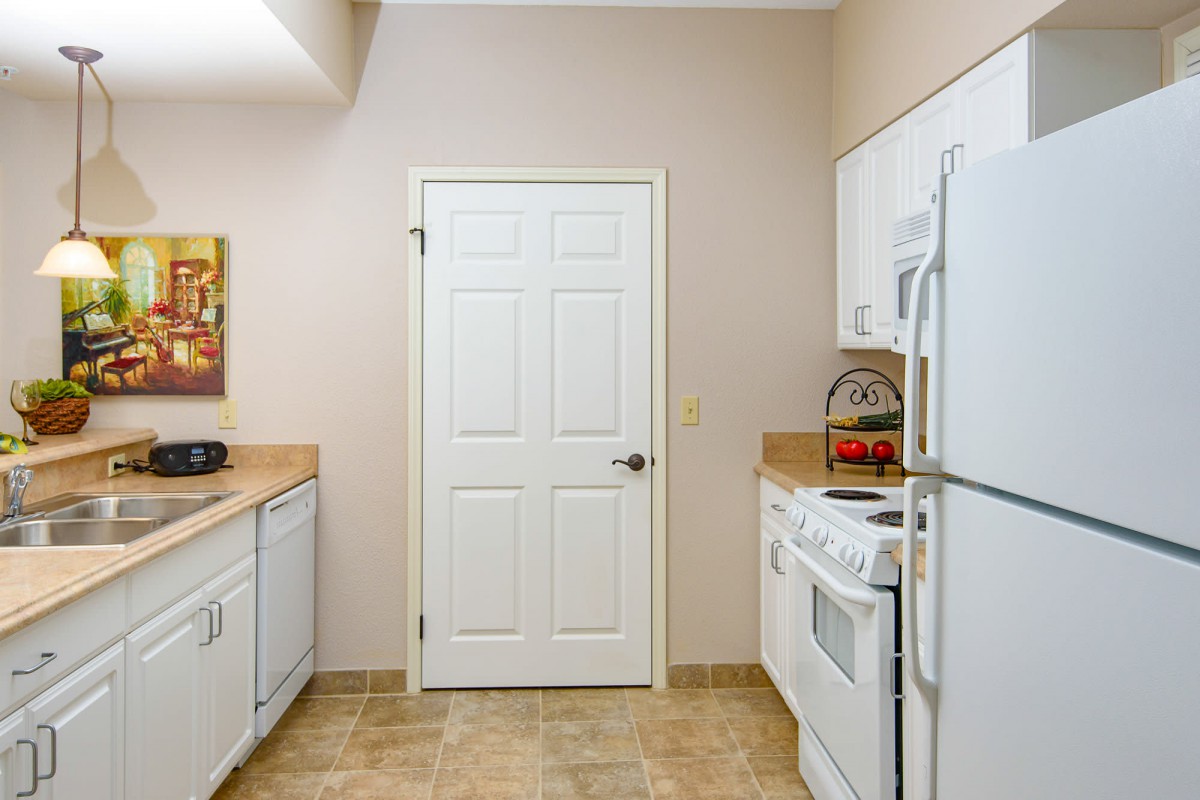 A clean and modern kitchen with white cabinets and appliances.