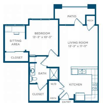 An apartment floor plan showing the layout of a one-bedroom unit with a living room, kitchen, bathroom, sitting area, and patio.