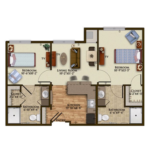 A detailed floor plan of a two-bedroom apartment featuring a living room, kitchen, and bathrooms.