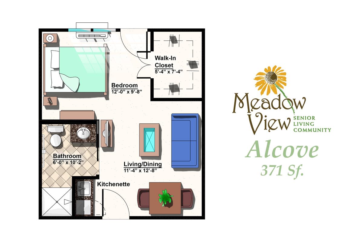 Floor plan of a Meadowview apartment alcove with a total area of 371 square feet.