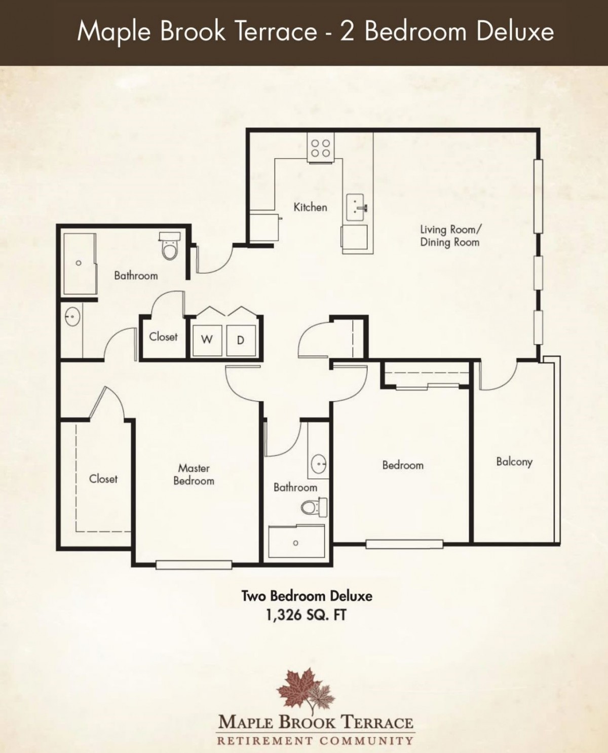 Floor plan of a two-bedroom deluxe apartment.
