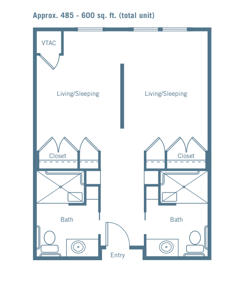 A blueprint of an apartment layout with two living spaces and two bathrooms.