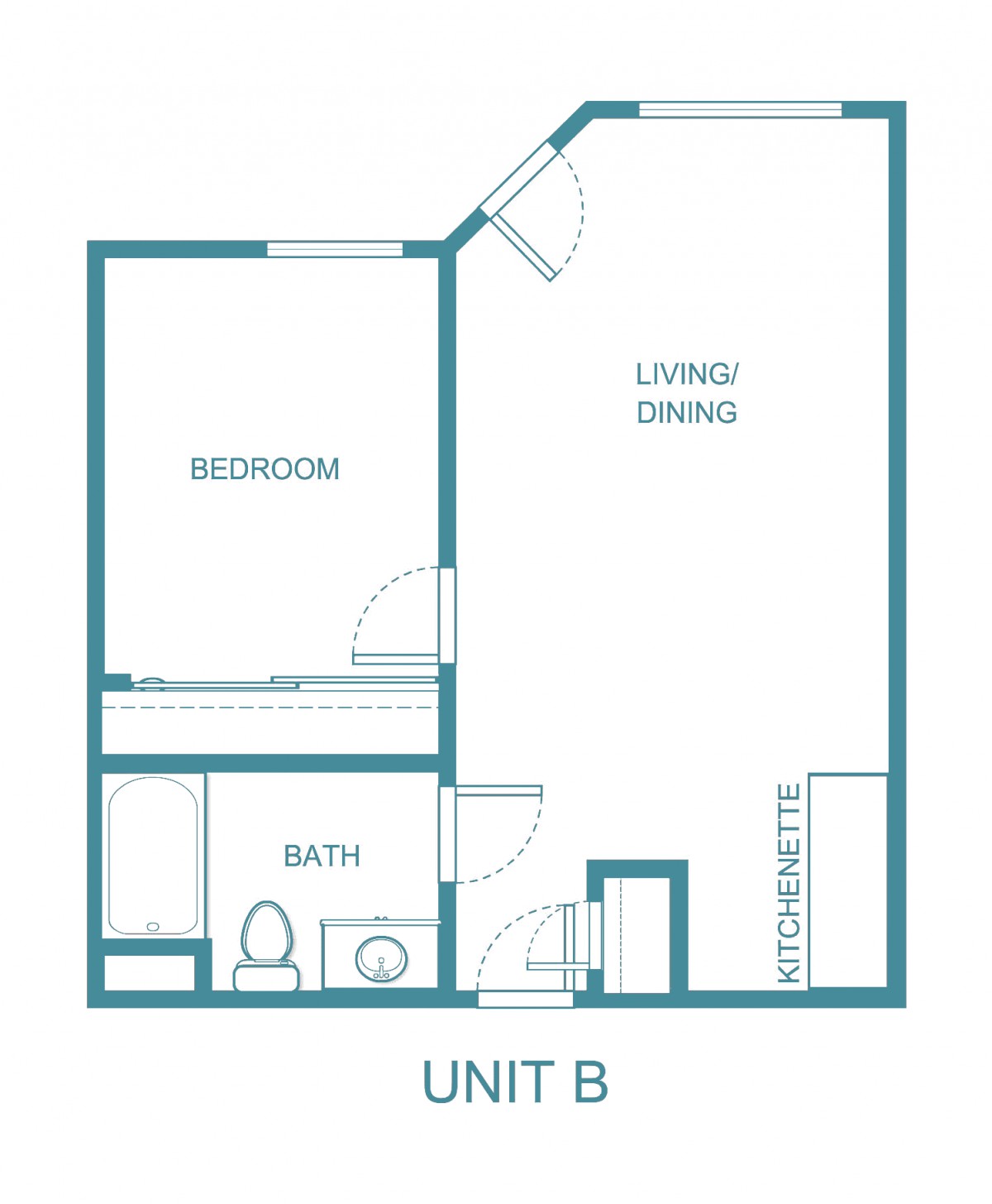 Floor plan of Unit B displaying a one-bedroom apartment layout.