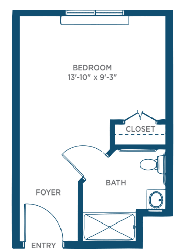 A floor plan showing a bedroom with adjacent bath and closet.