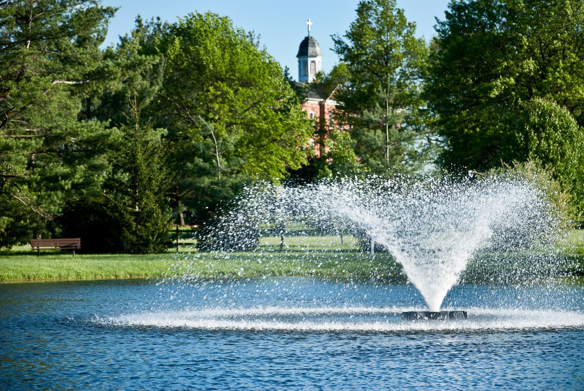 A scenic view of a fountain in a tranquil lake surrounded by lush greenery.