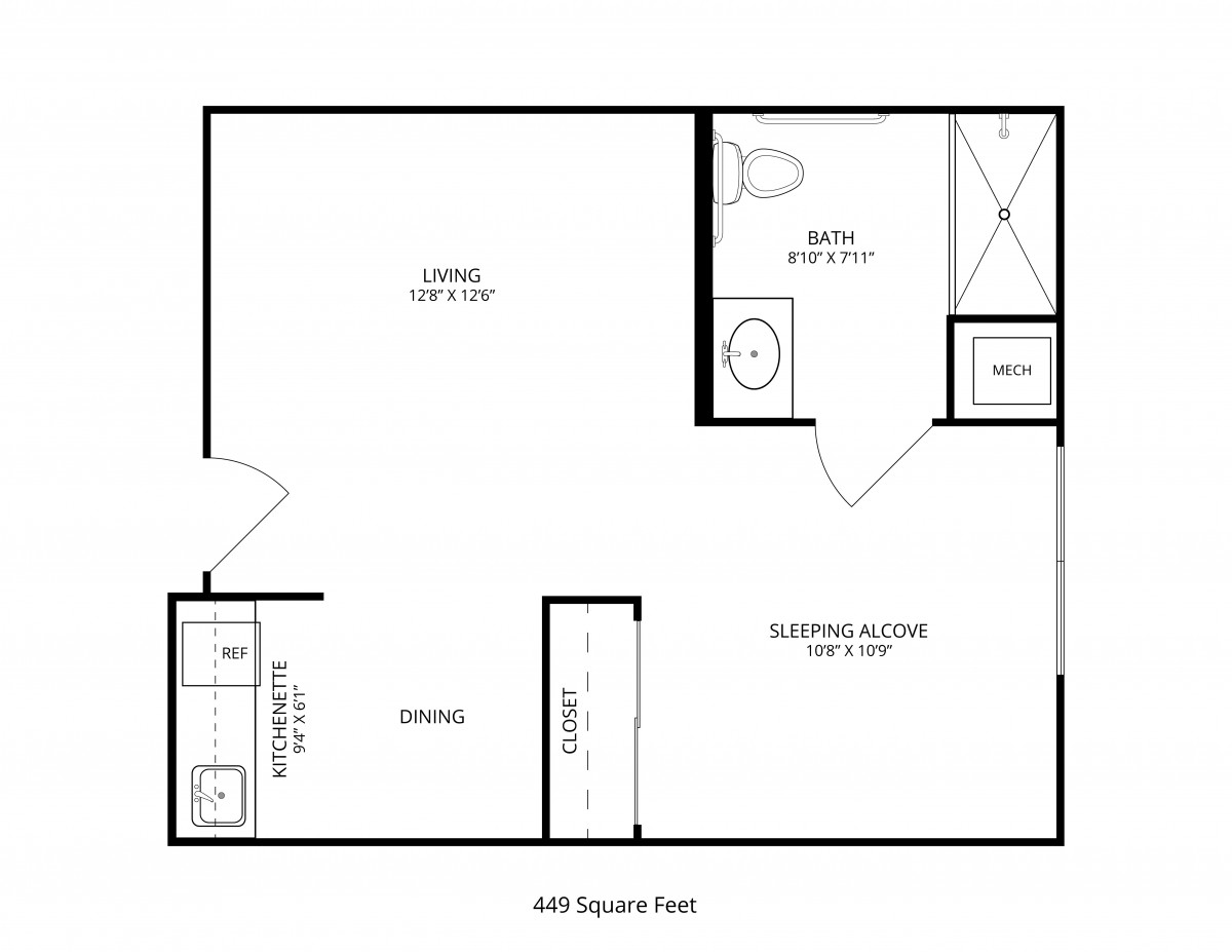 A floor plan of a studio apartment featuring a living area, kitchen, bathroom, and bedroom.