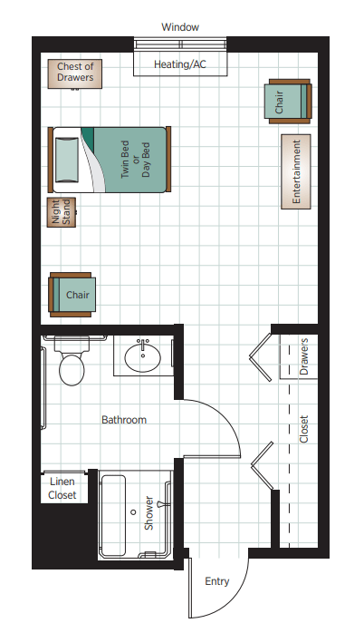 A floor plan showing the layout of a small apartment with a bedroom, bathroom, and living area.