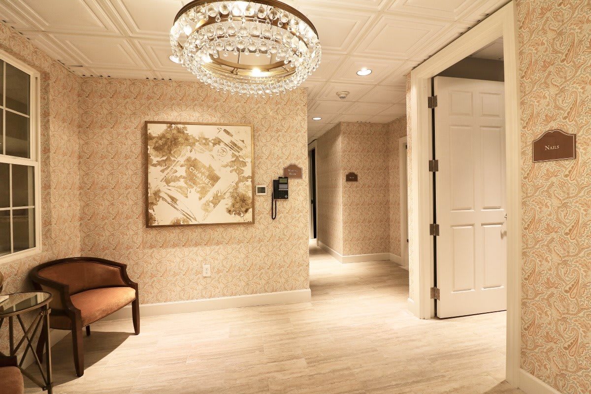 A luxurious hallway with a chandelier and artwork on the wall.
