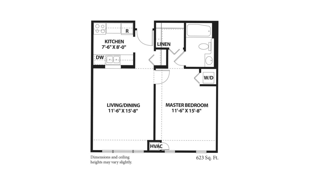 One-bedroom apartment floor plan with kitchen, living/dining area, master bedroom, and bathroom.