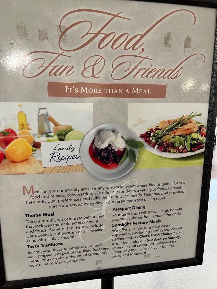 A poster promoting a dining experience that emphasizes healthy meal options, including salads and desserts, with a focus on nutrition and enjoyment.